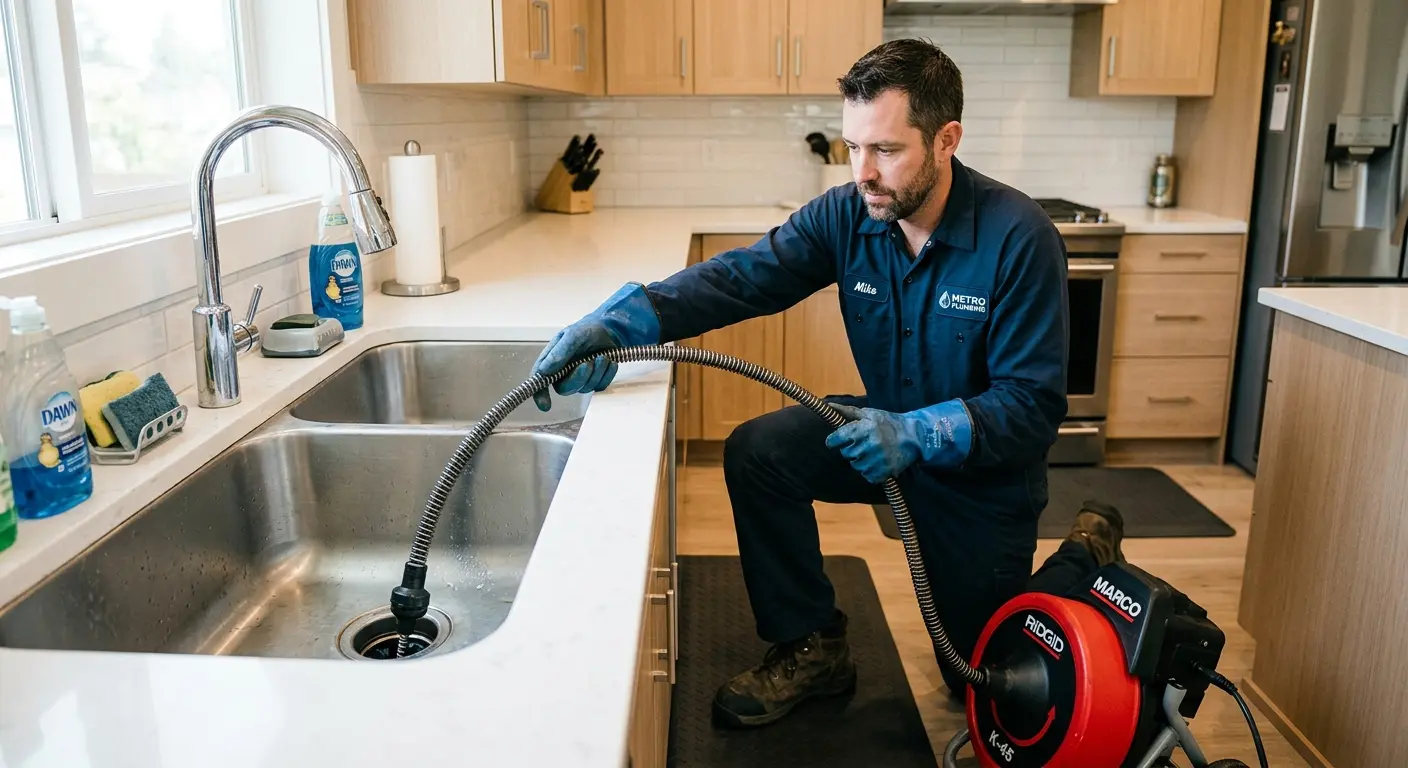 Drain cleaning technician using a motorized snake on a kitchen sink in South Bay