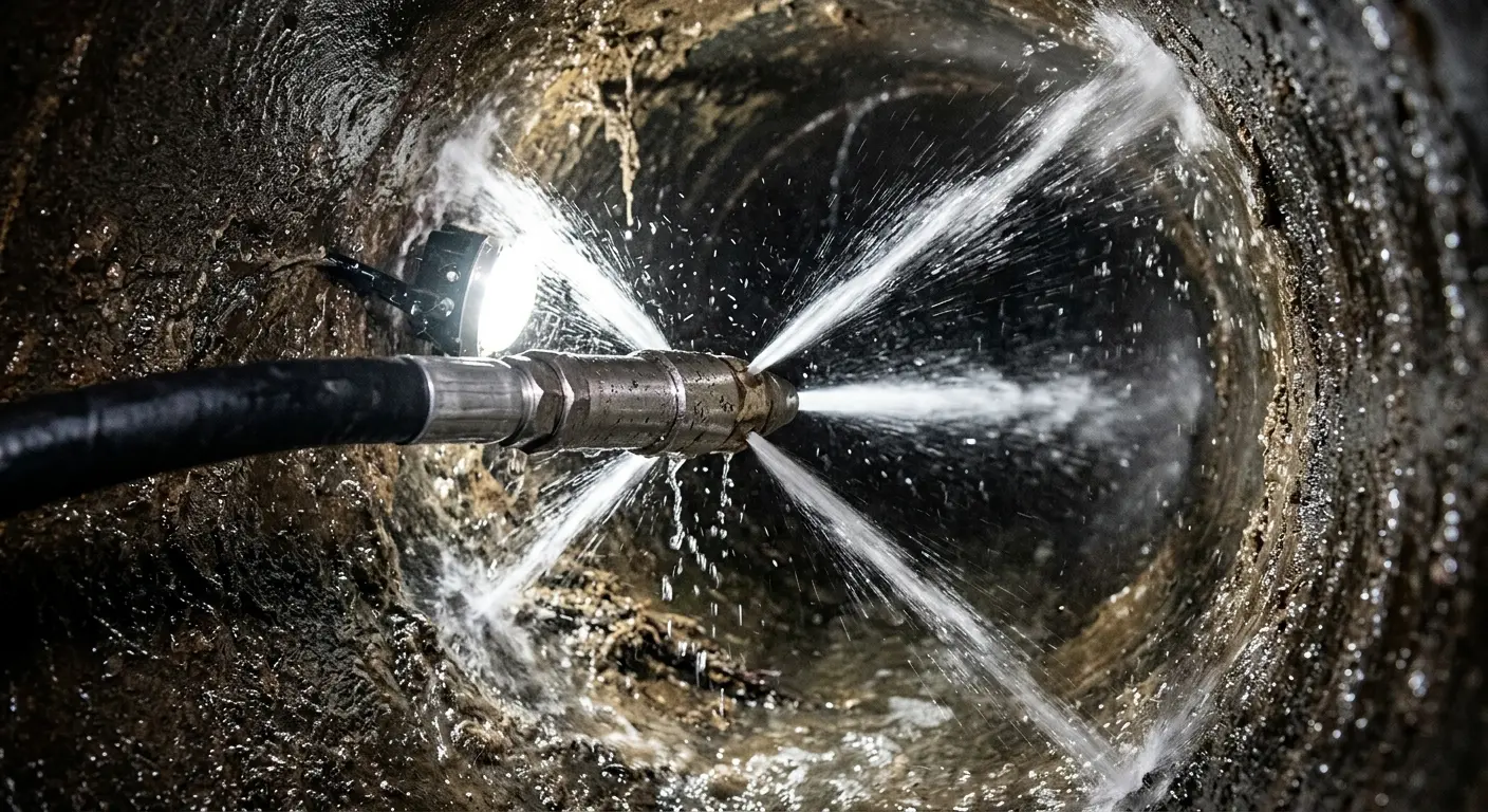 High-pressure hydro jetting nozzle cleaning sewer pipe for Storm Drain Cleaning in South Bay