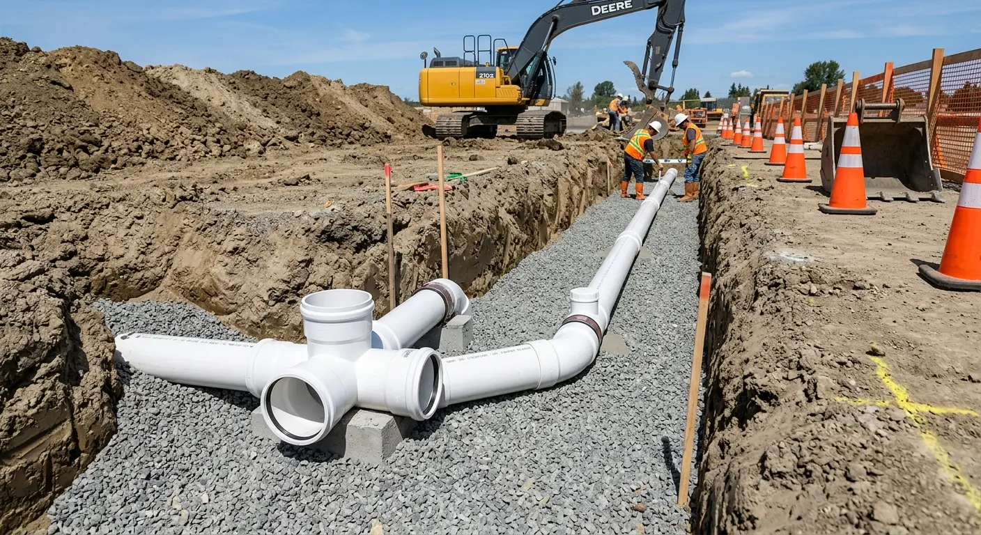 New PVC sewer pipe installation in open trench for Sewer Backup in South Bay