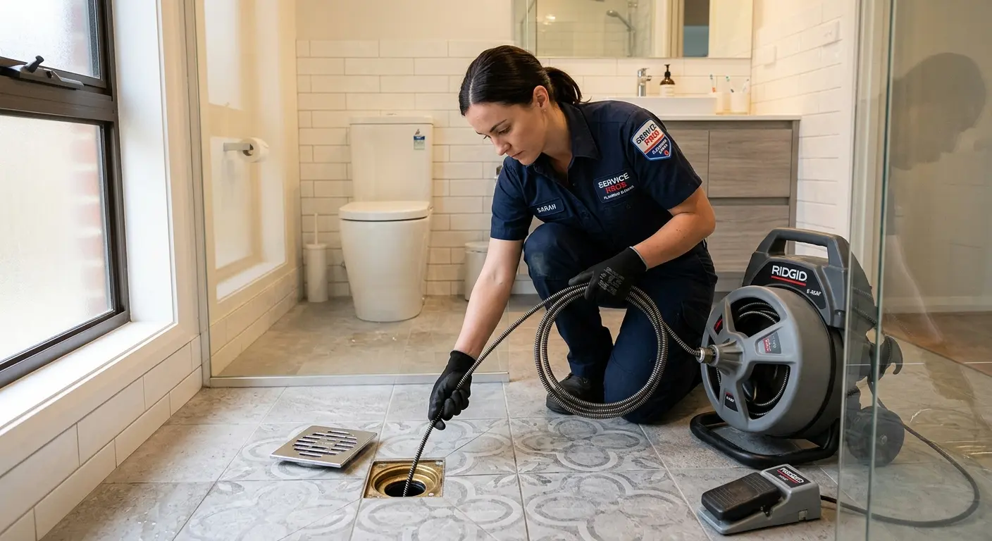 Technician clearing a bathroom floor drain for Sewer Line Installation in South Bay